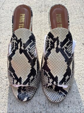 Paris Texas Snake-Print Slide Mules in Black and Cream